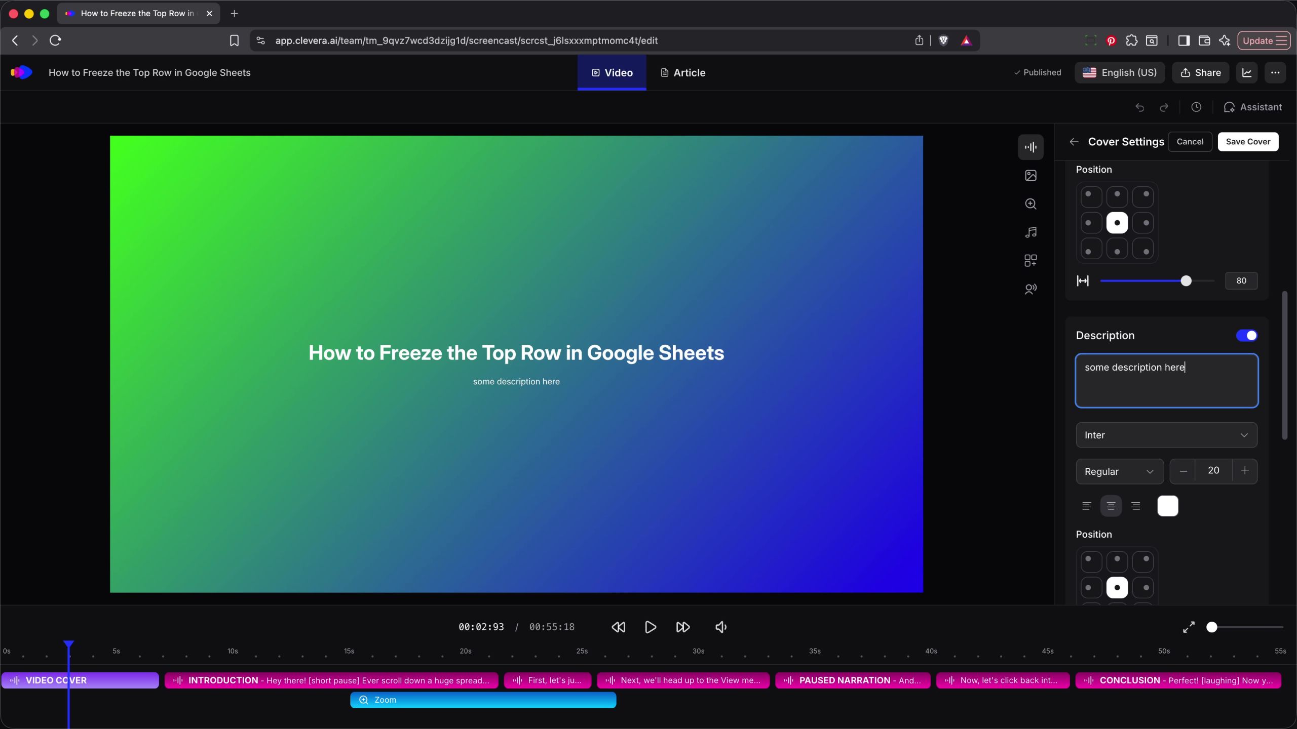Typing a description in the editor